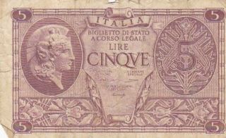 1944 Italy 5 Lire Note,  Pick 31b