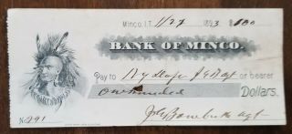 1893 Minco Indian Territory Bank Check Generic Check With Indian Graphic