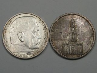 2 Nazi Germany Silver 5 Mark Coins: 1934 - A & 1936 - J.  36