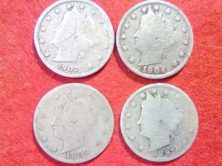 4 Coins 1897 1899 1904 1907 Liberty V Nickels Rare Coins U.  S.  A.