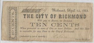 Csa Virginia,  City Of Richmond,  Fractional Bank Note,  15 Cents,  4/14/62,  Good