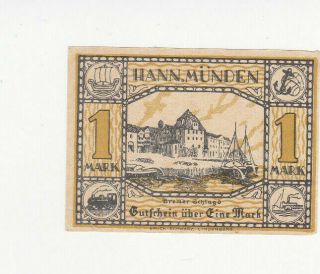 1 Mark Extra Fine Banknote From Germany/hannoversch MÜnden 1922