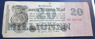 1923 Germany Reichsbanknote 20 Millionen Mark P 97 Circ 4th Issue Red 6