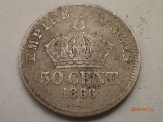 1866 K France 50 Centimes,  Napoleon Iii French Empire Silver Coin Km 814