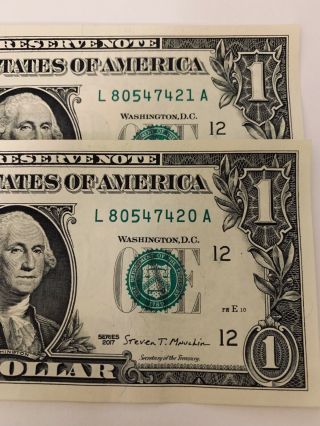 (2) Unc 2017 $1 Dollar Notes With Consecutive Serial ’s.  And Crisp,  Buy Me
