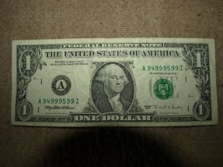 6/8 Solid 1995 $1 Dollar Bill Cool Serial Number A 9 4 999 5 99 I