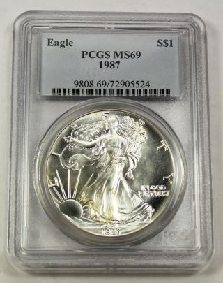 1987 Pcgs Ms 69 United States American Silver Eagle - 1 Oz.  999 Fine Silver