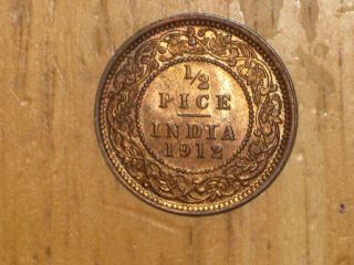 British India 1912 1/2 Pice Coin Extremely Fine