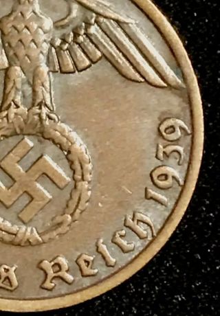 The Rare ‘39 - A Eagle German Ww2 Coin Nazi Bronze World War Two 2 Old Third Reich