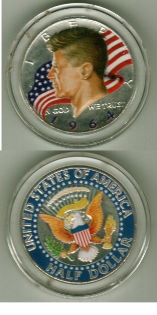 Both Sides Colorized 1964 Kennedy Half Dollar In Blue Box