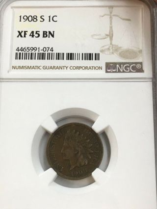 1908 - S Indian Cent Xf 45 Bn Key Date Ngc Certified Full Liberty