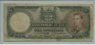1941 Fiji Ww2 Era Five Shillings Circulated Looking Note