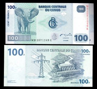 Congo D.  R.  In Africa,  1 Note Of 100 Francs,  2007,  P - 98,  Elephant,  Unc From Bundle