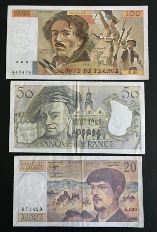 France,  3 Bank Notes 20 - 50 - 100 Francs 1980 - 1989 - 1990.