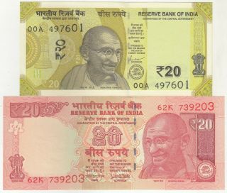 India 20 Rupees Set Of 2 Different Issues Banknote In Unc