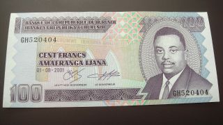 Gem Uncirculated 100 Francs 2001 Banknote Burundi