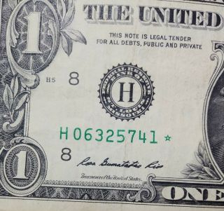 2013 H Series $1 One Dollar Bill Rare Frn Star Note Very Low Serial Number Poker