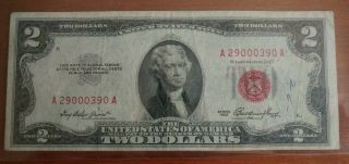 1953 Us Two Dollar Banknote Serial A29000390a Old U.  S.  Frn Paper Currency $2
