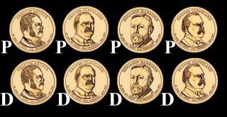 2012 P,  D (8 Coin Set) Cleveland 1 & 2 Harrison Arthur Presidential Dollars " Bu "