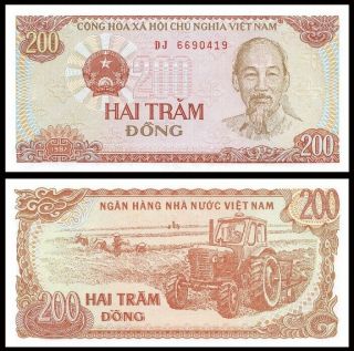 Vietnam 200 Dong,  1987,  P - 100,  Ho Chi Minh,  Soviet Tractor,  Unc