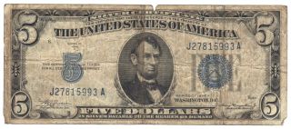 1934 A $5 Silver Certificate Large Blue Seal Five Dollar Note Fr - 1651