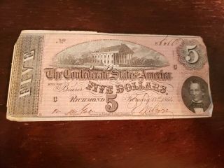 1864 $5 Us Confederate States Of America Currency Vg Currency