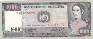1000 Pesos Unc Banknote From Bolivia 1984 Pick - 167