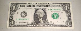 $1 2013 One U.  S.  Fancy Serial Number 25300000