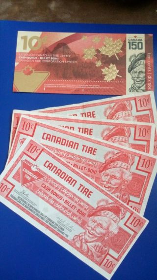 Four (4) Canadian Tire Money - 10 Cent Canada 150 Aniversary.  Unc.  Limited Edition