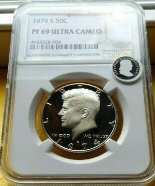 1974 - S Ngc Pf69 Ultra Cameo Kennedy Half Dollar.  50c Bright White Ultra Cameo