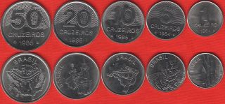 Brazil Set Of 5 Coins: 1 - 50 Cruzeiros 1984 - 1985 Unc