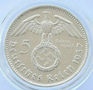 German Coin 5 Mark Reichsmark 1937 E Swastika Hindenburg Silver 3rd Reich Ww2