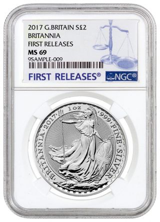 2017 Great Britain 2 Pound 1 Oz.  Silver Britannia Ngc Ms69 Fr Sku43889