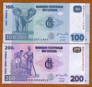Set Congo D.  R.  100;200 Francs,  2007 P - 98 - 99,  Unc