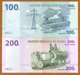 SET Congo D.  R.  100;200 Francs,  2007 P - 98 - 99,  UNC 2