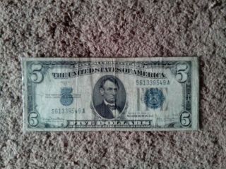 1934 Series D $5 Five Dollar Note,  Silver Certificate,  Circulated,  Big Blue Seal