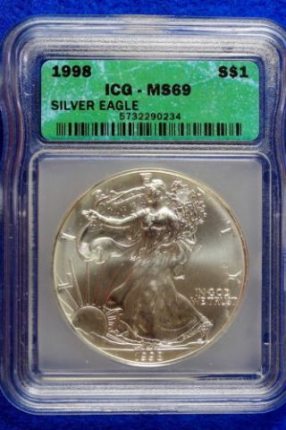 1998 American Silver Eagle Ase $1 Icg Certified Ms - 69 Premium Quality