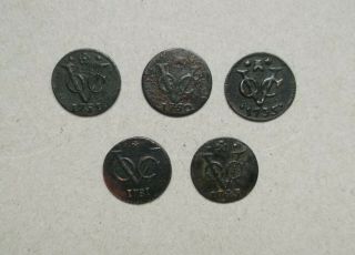 VINTAGE 5 DIFFERENT DATES VOC Old 1 Duit Coins in Ceylon/East indies Rare 2
