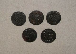 VINTAGE 5 DIFFERENT DATES VOC Old 1 Duit Coins in Ceylon/East indies Rare 4