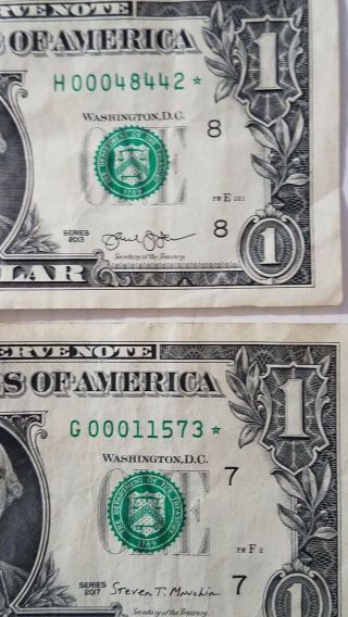 (2) $1 One Dollar Federal Reserve Star Notes Low Serial S Circulated.  Look