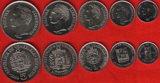 Venezuela Set Of 5 Coins: 25 Centimos - 5 Bolivares 1989 - 1990 Unc