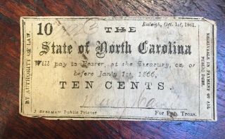 1861 State Of North Carolina 10 Cents Fractional Currency Note—as Is