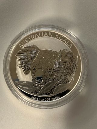 2014 Australia Koala 1 Oz.  999 Fine Silver Dollar Coin In Capsule