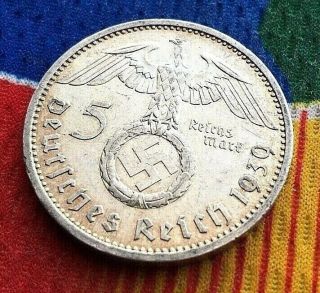 1939 A 5 Mark German Ww2 Silver Coin Third Reich Swastika Reichsmark Au