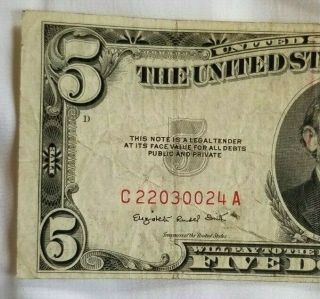 1953 - B U.  S $5 Five Dollar Red Seal Bill " C 22030024 A "