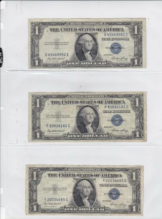 Set Of 3 Well Circulated One Dollar 1935e Silver Certificate Notes