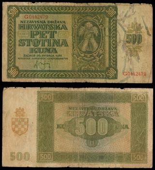 Ze.  008} Croatia 500 Kuna 1941 / Ustasa Wwii Germany Italy Ally / F