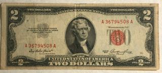 Fine Series 1953 $2 Two Dollar Bill United States Note Serial Number A36794508a