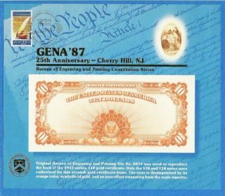 Bep Souvenir Card B 108 Gena 1987 V/c Cancel Back 1907 $10 Gold Certificate