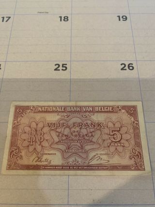 1943 Belgium,  Banque Nationale De Belgique Cinq Francs,  5 Francs Note 2